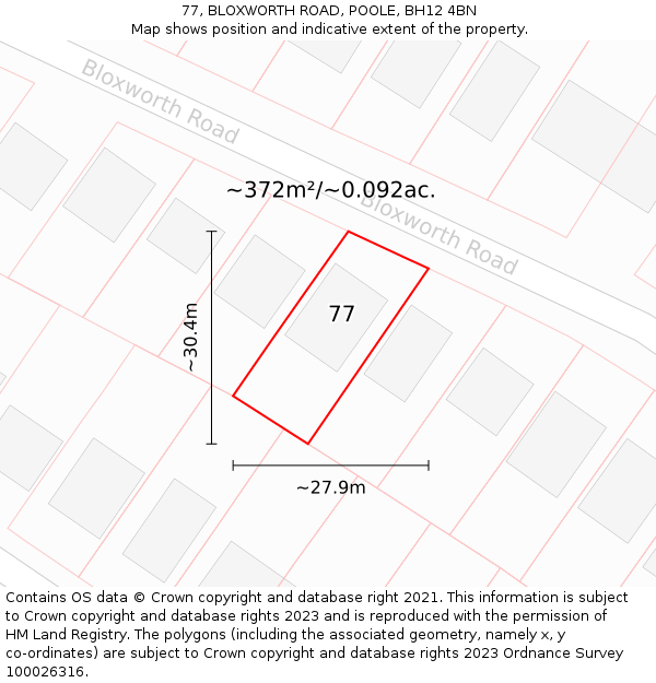 77, BLOXWORTH ROAD, POOLE, BH12 4BN: Plot and title map