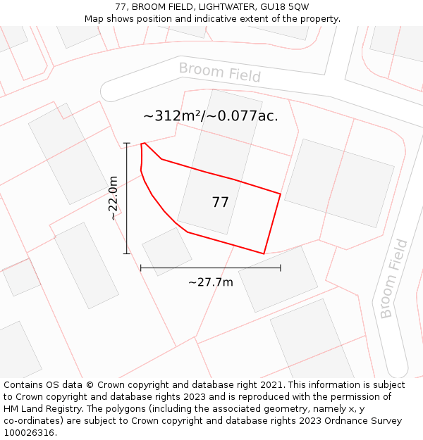 77, BROOM FIELD, LIGHTWATER, GU18 5QW: Plot and title map