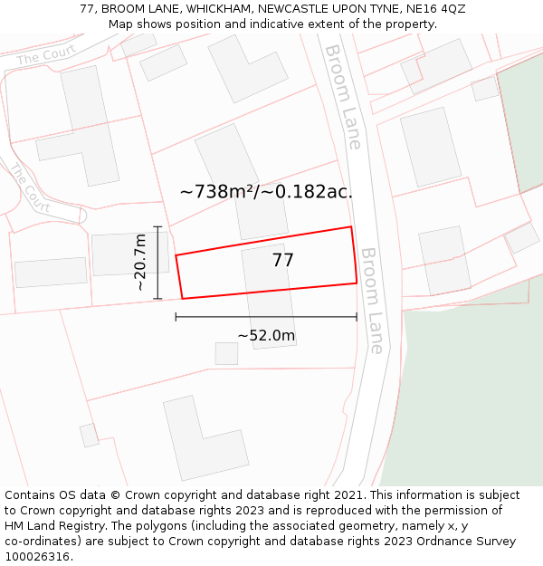 77, BROOM LANE, WHICKHAM, NEWCASTLE UPON TYNE, NE16 4QZ: Plot and title map