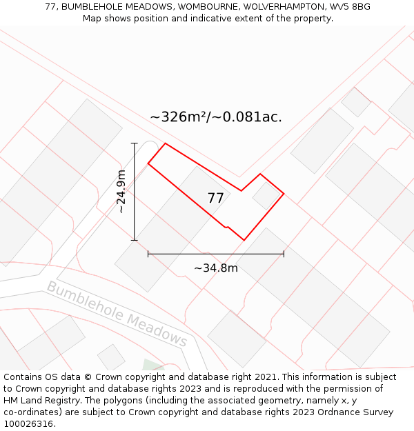 77, BUMBLEHOLE MEADOWS, WOMBOURNE, WOLVERHAMPTON, WV5 8BG: Plot and title map