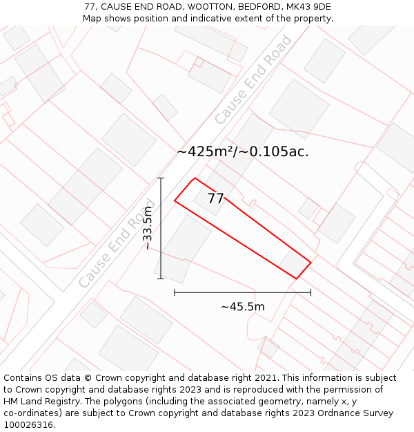 77, CAUSE END ROAD, WOOTTON, BEDFORD, MK43 9DE: Plot and title map