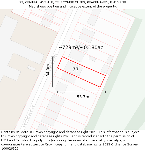 77, CENTRAL AVENUE, TELSCOMBE CLIFFS, PEACEHAVEN, BN10 7NB: Plot and title map