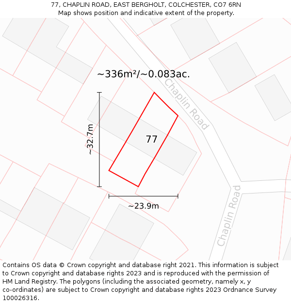 77, CHAPLIN ROAD, EAST BERGHOLT, COLCHESTER, CO7 6RN: Plot and title map