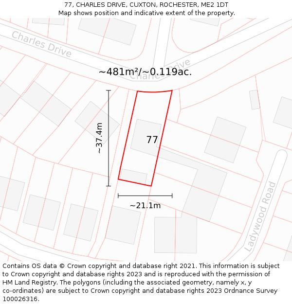 77, CHARLES DRIVE, CUXTON, ROCHESTER, ME2 1DT: Plot and title map