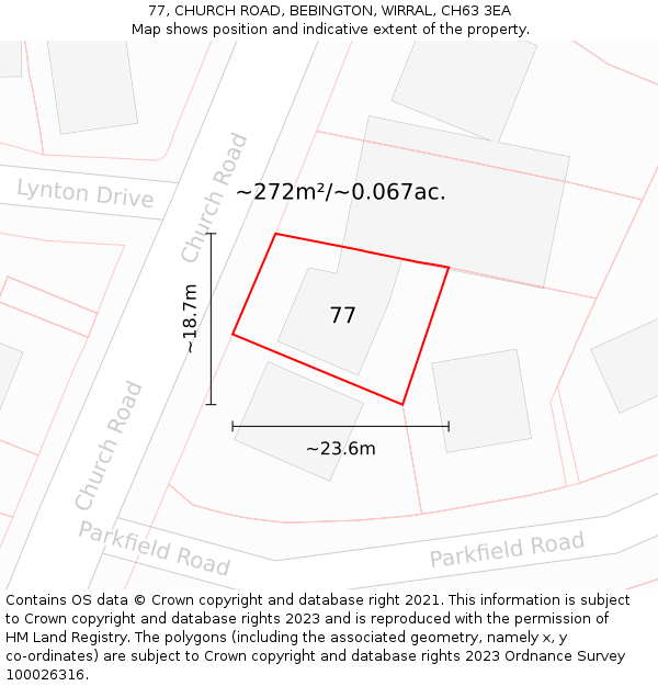 77, CHURCH ROAD, BEBINGTON, WIRRAL, CH63 3EA: Plot and title map