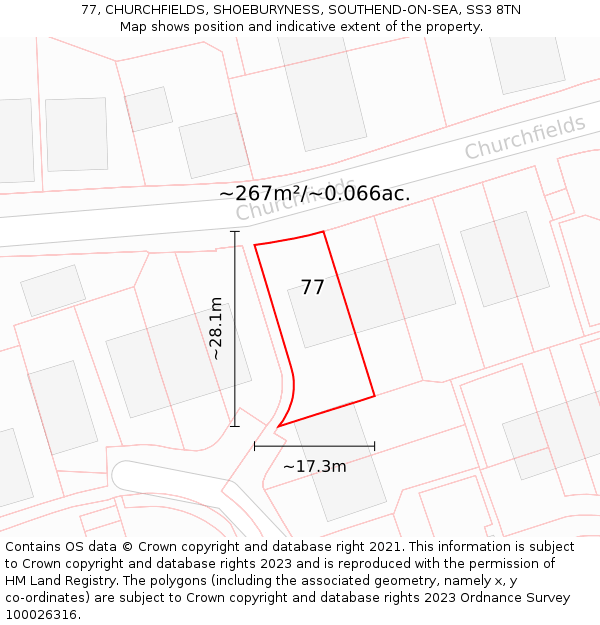 77, CHURCHFIELDS, SHOEBURYNESS, SOUTHEND-ON-SEA, SS3 8TN: Plot and title map