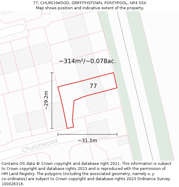 77, CHURCHWOOD, GRIFFITHSTOWN, PONTYPOOL, NP4 5SX: Plot and title map