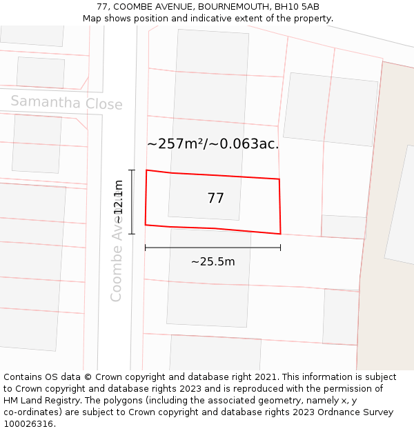 77, COOMBE AVENUE, BOURNEMOUTH, BH10 5AB: Plot and title map