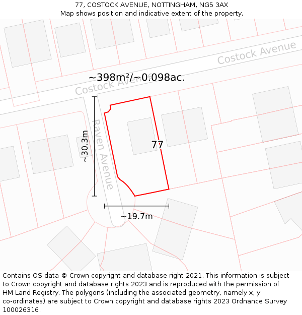 77, COSTOCK AVENUE, NOTTINGHAM, NG5 3AX: Plot and title map