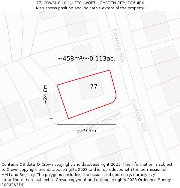 77, COWSLIP HILL, LETCHWORTH GARDEN CITY, SG6 4EX: Plot and title map