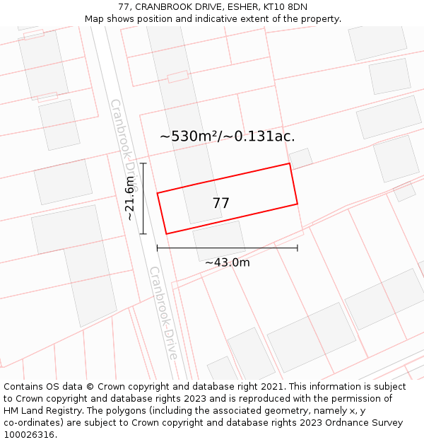 77, CRANBROOK DRIVE, ESHER, KT10 8DN: Plot and title map