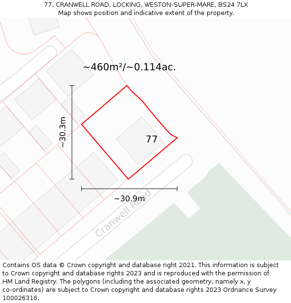 77, CRANWELL ROAD, LOCKING, WESTON-SUPER-MARE, BS24 7LX: Plot and title map