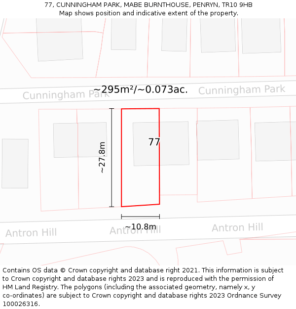 77, CUNNINGHAM PARK, MABE BURNTHOUSE, PENRYN, TR10 9HB: Plot and title map