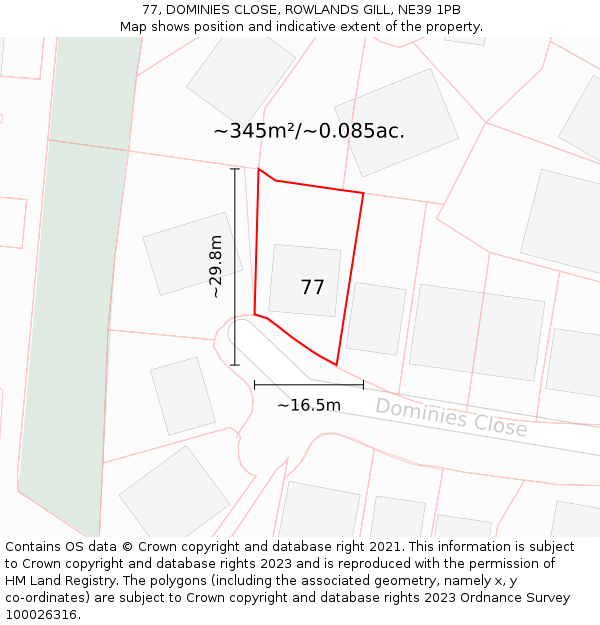 77, DOMINIES CLOSE, ROWLANDS GILL, NE39 1PB: Plot and title map