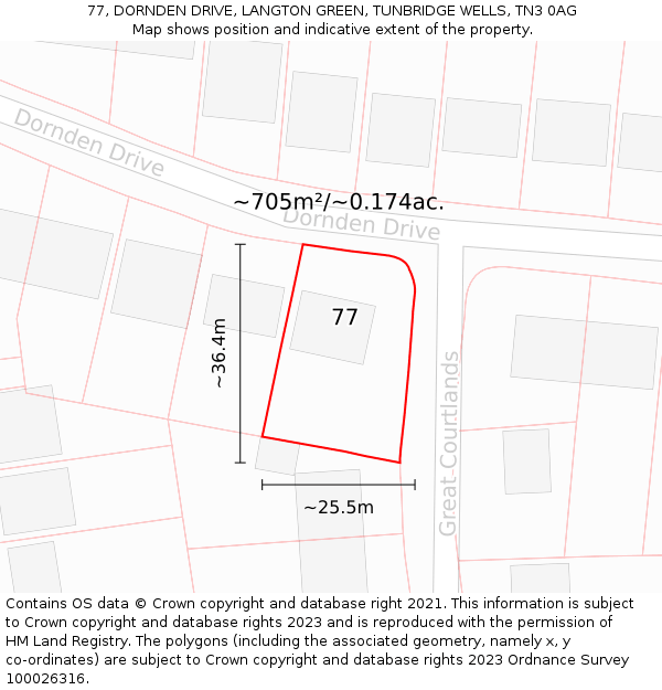 77, DORNDEN DRIVE, LANGTON GREEN, TUNBRIDGE WELLS, TN3 0AG: Plot and title map