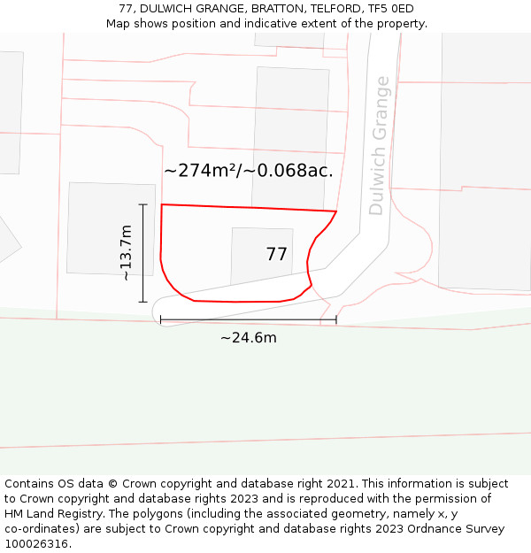 77, DULWICH GRANGE, BRATTON, TELFORD, TF5 0ED: Plot and title map