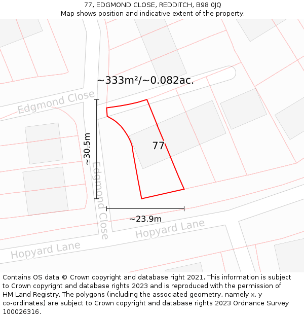 77, EDGMOND CLOSE, REDDITCH, B98 0JQ: Plot and title map