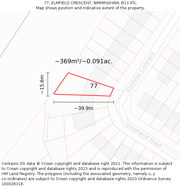 77, ELMFIELD CRESCENT, BIRMINGHAM, B13 9TL: Plot and title map