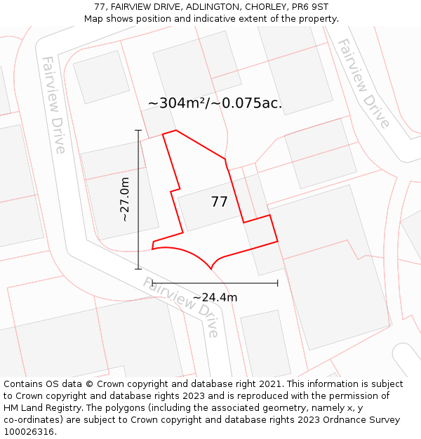 77, FAIRVIEW DRIVE, ADLINGTON, CHORLEY, PR6 9ST: Plot and title map