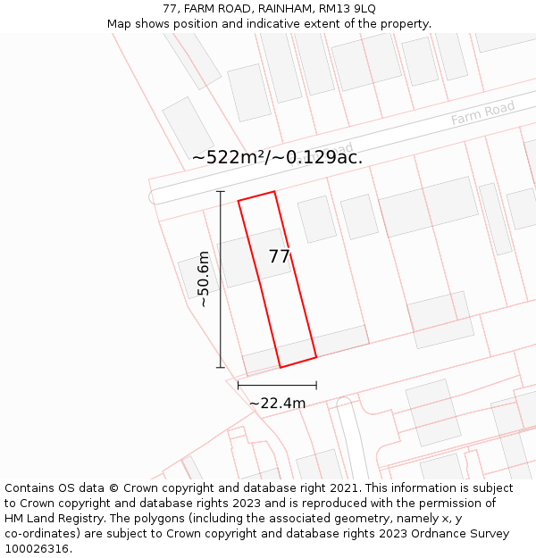 77, FARM ROAD, RAINHAM, RM13 9LQ: Plot and title map