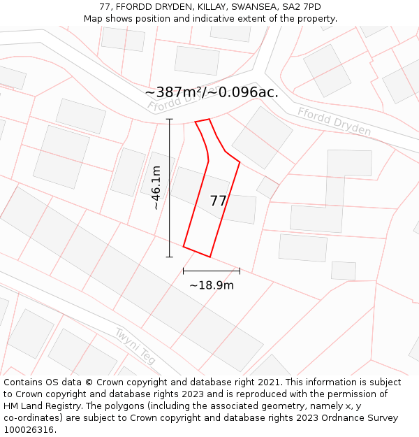 77, FFORDD DRYDEN, KILLAY, SWANSEA, SA2 7PD: Plot and title map