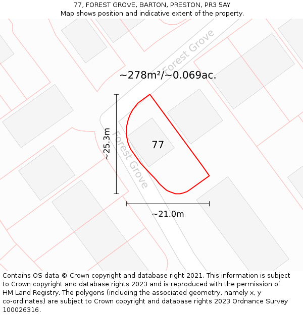 77, FOREST GROVE, BARTON, PRESTON, PR3 5AY: Plot and title map