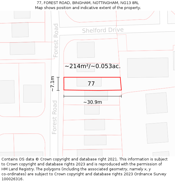 77, FOREST ROAD, BINGHAM, NOTTINGHAM, NG13 8RL: Plot and title map