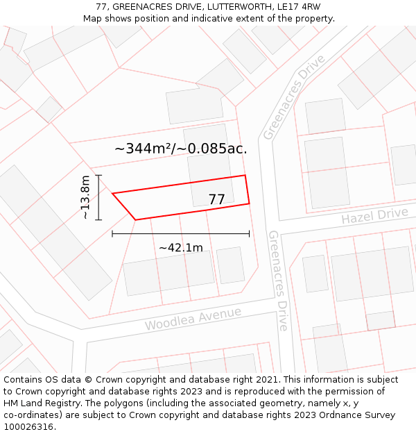 77, GREENACRES DRIVE, LUTTERWORTH, LE17 4RW: Plot and title map