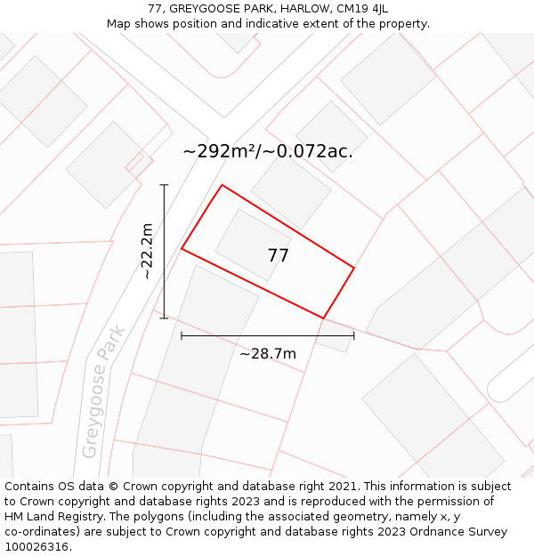 77, GREYGOOSE PARK, HARLOW, CM19 4JL: Plot and title map