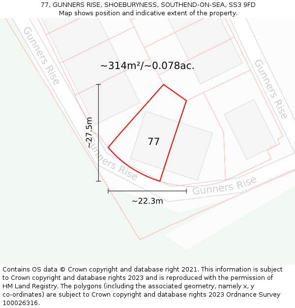 77, GUNNERS RISE, SHOEBURYNESS, SOUTHEND-ON-SEA, SS3 9FD: Plot and title map