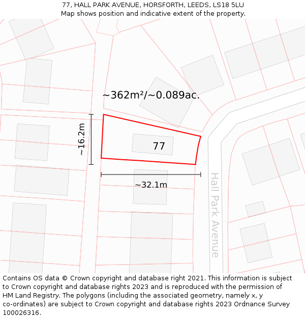 77, HALL PARK AVENUE, HORSFORTH, LEEDS, LS18 5LU: Plot and title map