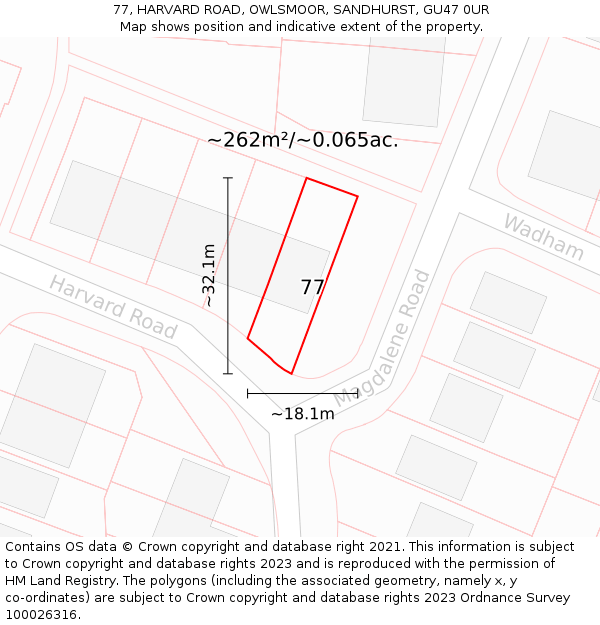 77, HARVARD ROAD, OWLSMOOR, SANDHURST, GU47 0UR: Plot and title map