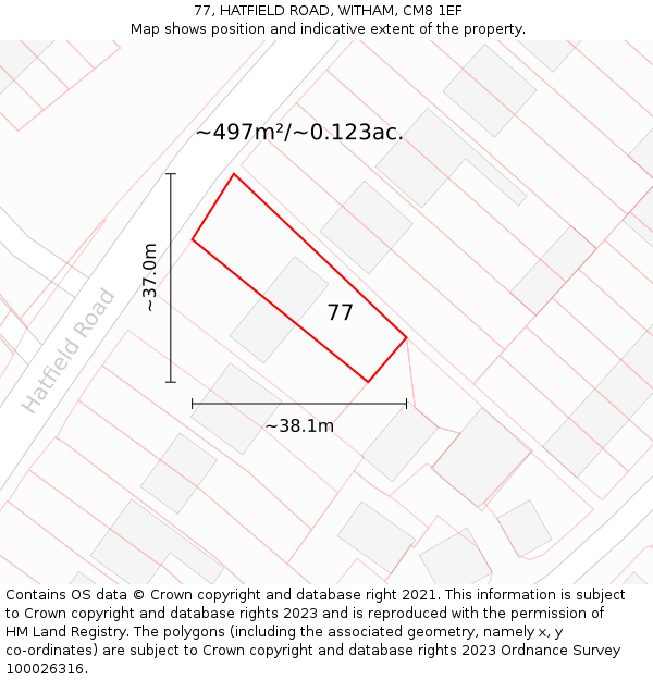 77, HATFIELD ROAD, WITHAM, CM8 1EF: Plot and title map