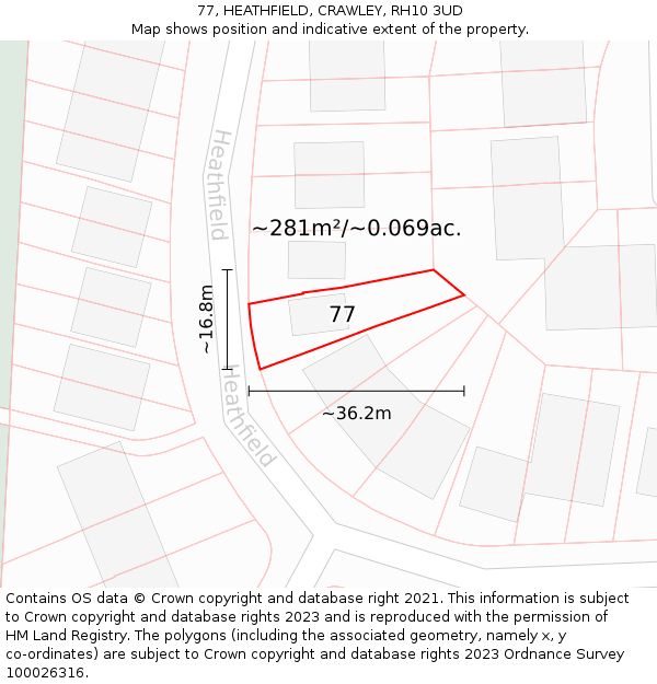 77, HEATHFIELD, CRAWLEY, RH10 3UD: Plot and title map