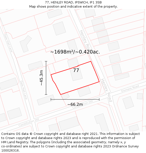 77, HENLEY ROAD, IPSWICH, IP1 3SB: Plot and title map