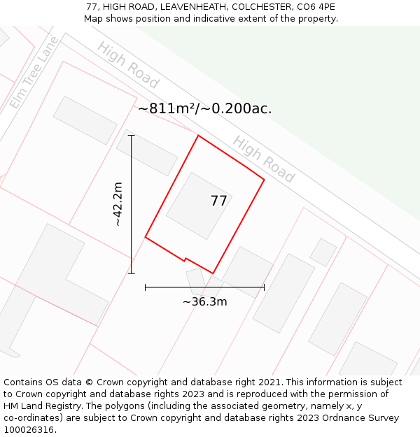 77, HIGH ROAD, LEAVENHEATH, COLCHESTER, CO6 4PE: Plot and title map