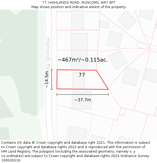 77, HIGHLANDS ROAD, RUNCORN, WA7 4PT: Plot and title map