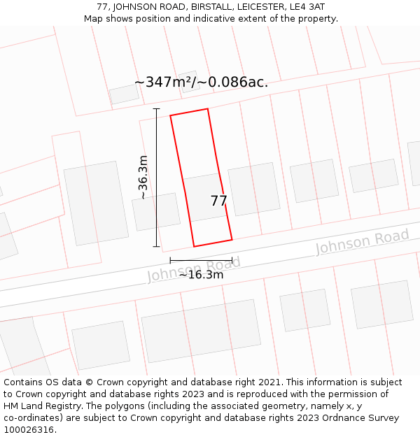 77, JOHNSON ROAD, BIRSTALL, LEICESTER, LE4 3AT: Plot and title map