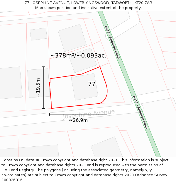 77, JOSEPHINE AVENUE, LOWER KINGSWOOD, TADWORTH, KT20 7AB: Plot and title map