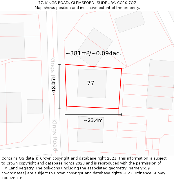 77, KINGS ROAD, GLEMSFORD, SUDBURY, CO10 7QZ: Plot and title map