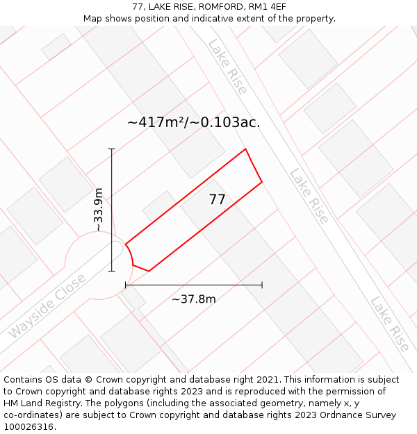 77, LAKE RISE, ROMFORD, RM1 4EF: Plot and title map