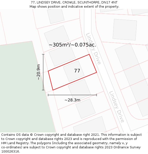 77, LINDSEY DRIVE, CROWLE, SCUNTHORPE, DN17 4NT: Plot and title map