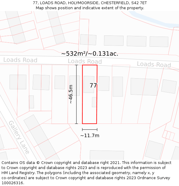 77, LOADS ROAD, HOLYMOORSIDE, CHESTERFIELD, S42 7ET: Plot and title map