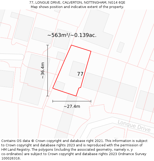 77, LONGUE DRIVE, CALVERTON, NOTTINGHAM, NG14 6QE: Plot and title map