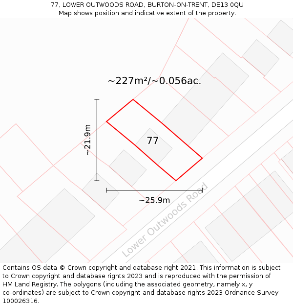 77, LOWER OUTWOODS ROAD, BURTON-ON-TRENT, DE13 0QU: Plot and title map