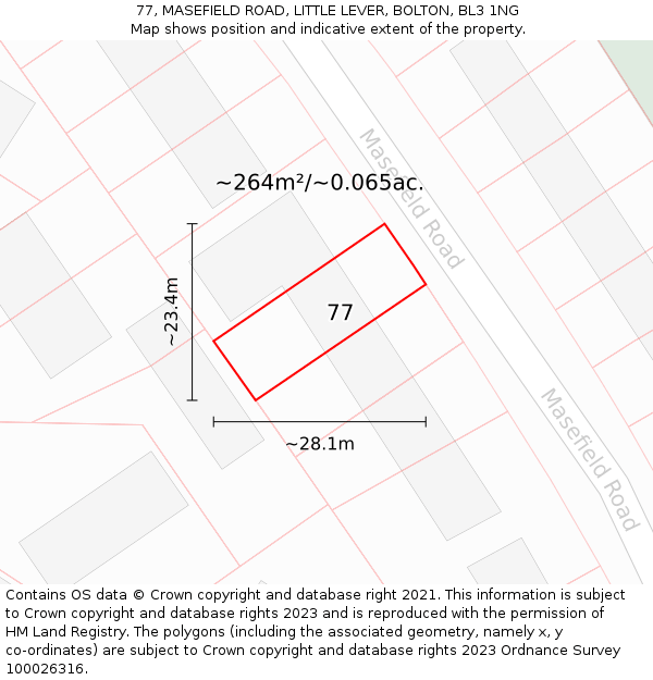 77, MASEFIELD ROAD, LITTLE LEVER, BOLTON, BL3 1NG: Plot and title map