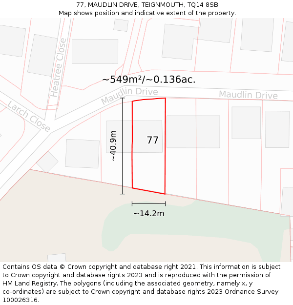 77, MAUDLIN DRIVE, TEIGNMOUTH, TQ14 8SB: Plot and title map