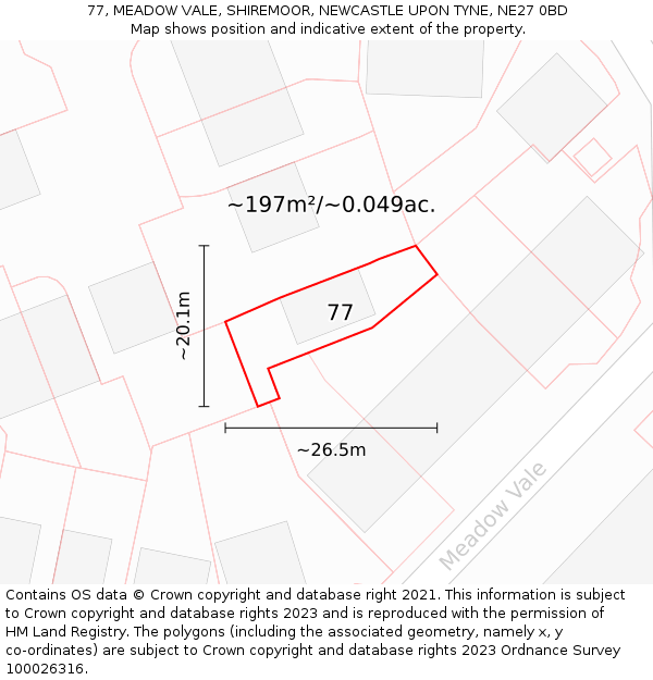 77, MEADOW VALE, SHIREMOOR, NEWCASTLE UPON TYNE, NE27 0BD: Plot and title map