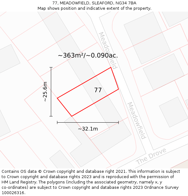 77, MEADOWFIELD, SLEAFORD, NG34 7BA: Plot and title map