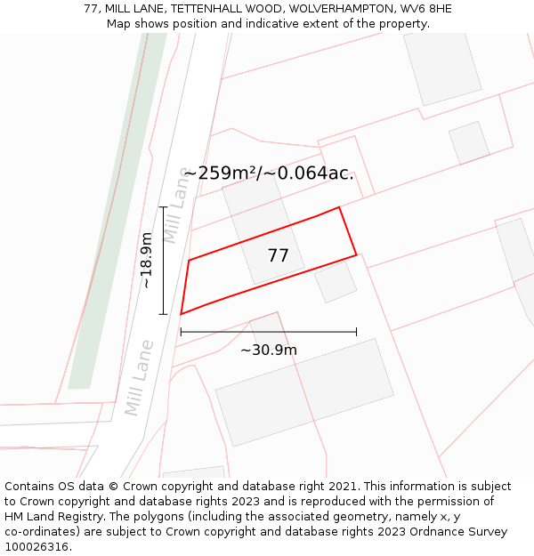 77, MILL LANE, TETTENHALL WOOD, WOLVERHAMPTON, WV6 8HE: Plot and title map